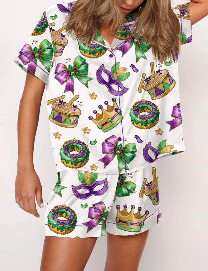 Mardi Gras Coquette Satin Pajama Set For Women