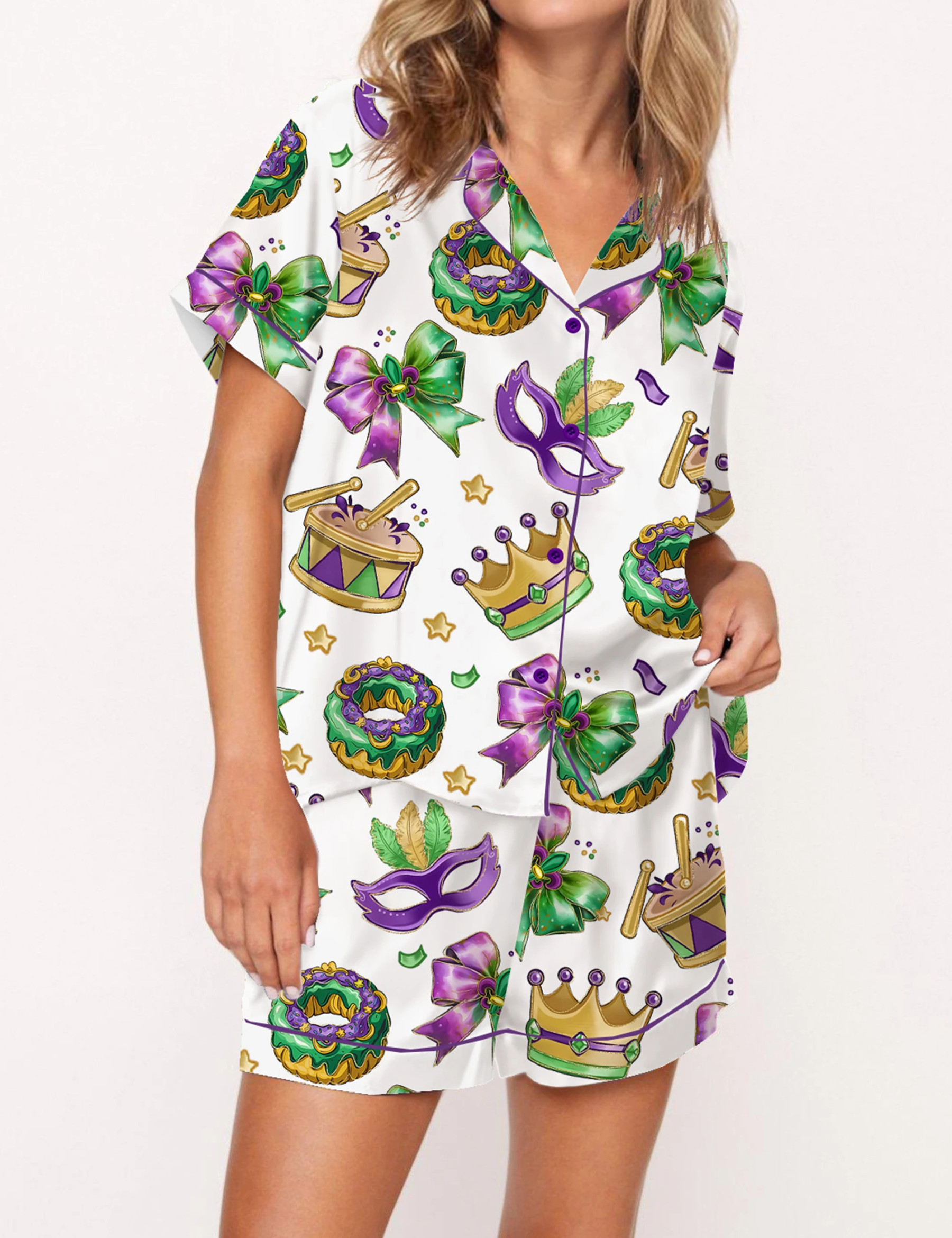 Mardi Gras Coquette Satin Pajama Set For Women