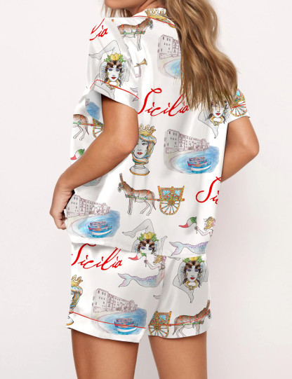 Sicily Italy Travel Silky Satin Pajama Set For Women