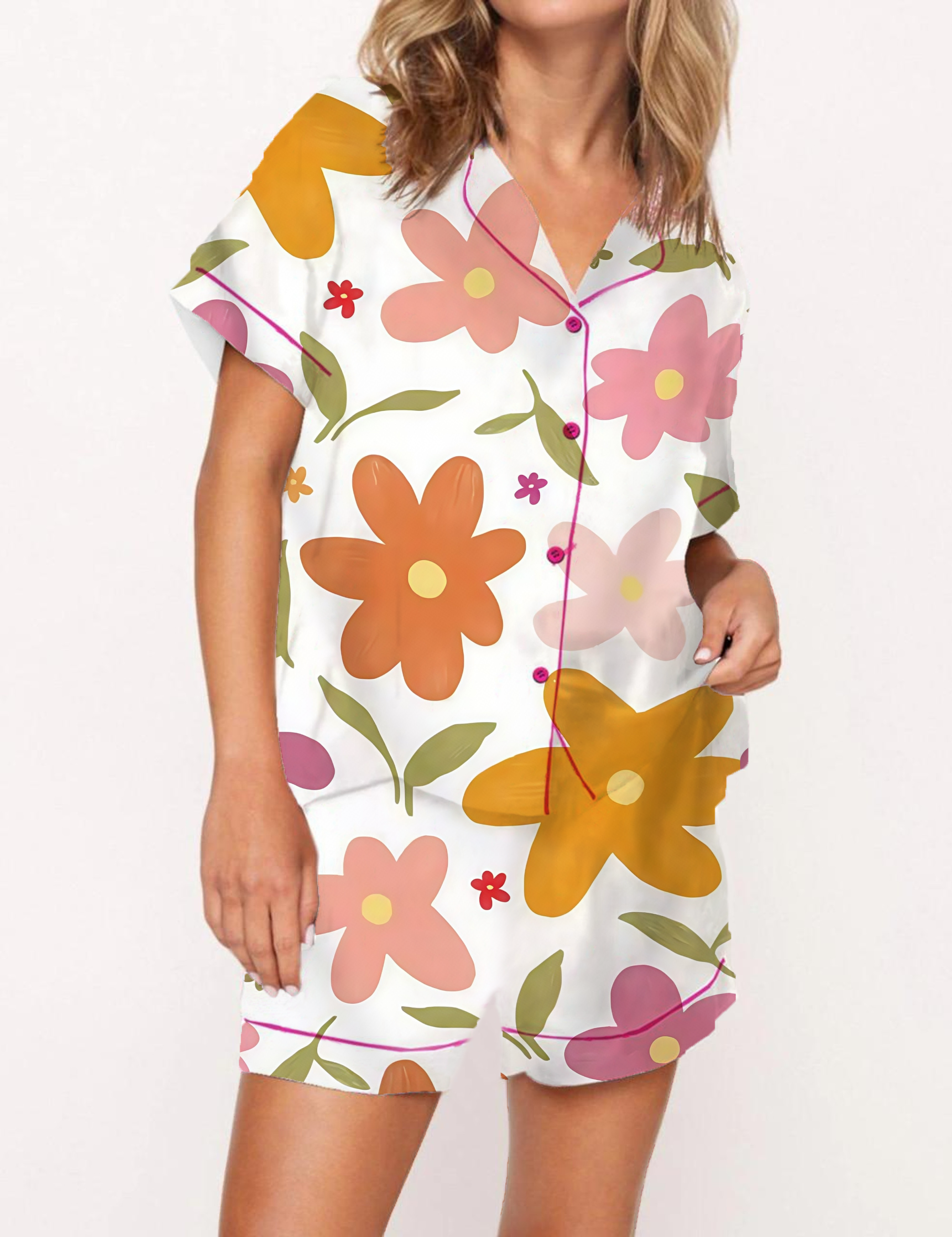 Cute Retro Floral Print Satin Pajama Short Set