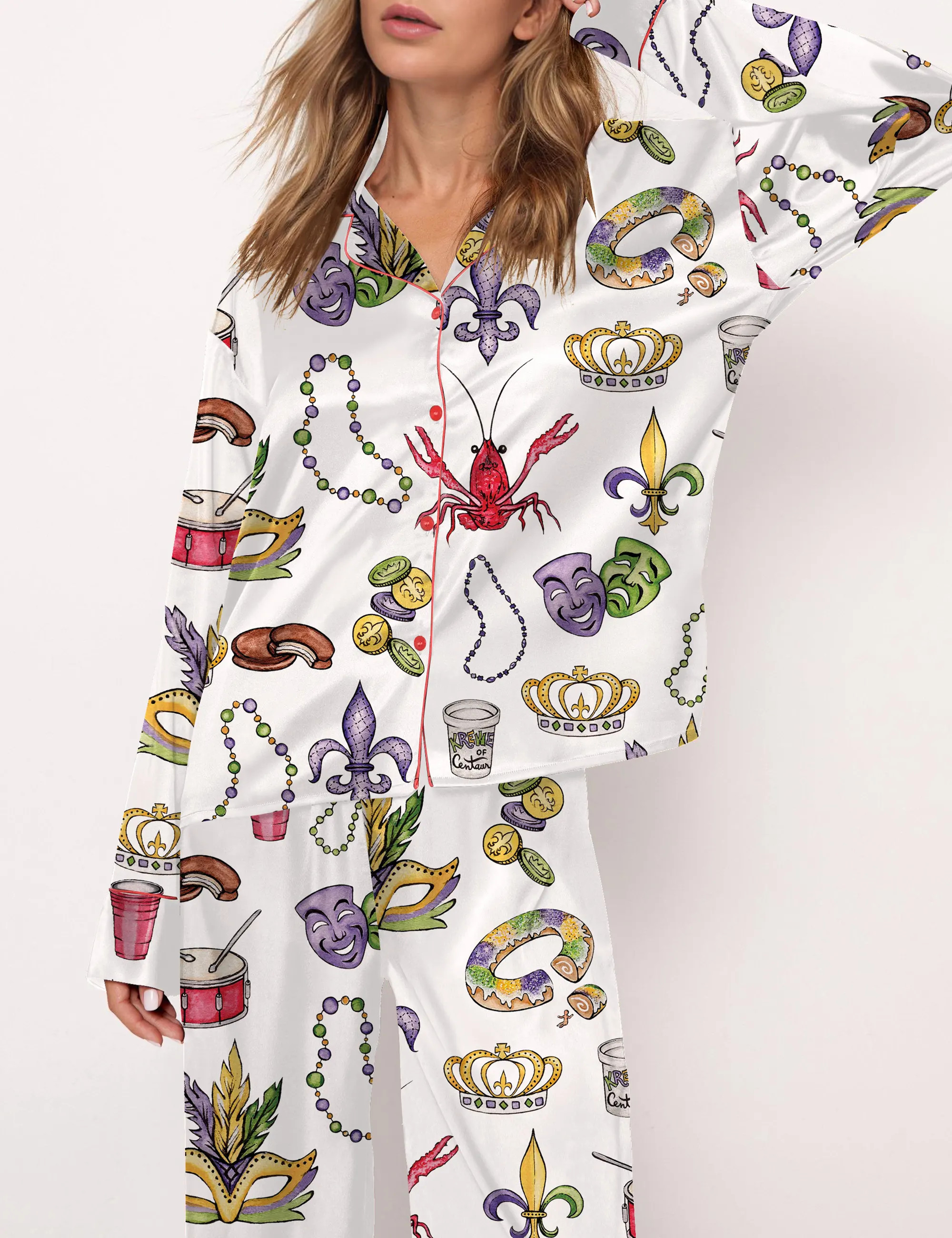 Mardi Gras Beads King Cake Crawfish Pajama Set