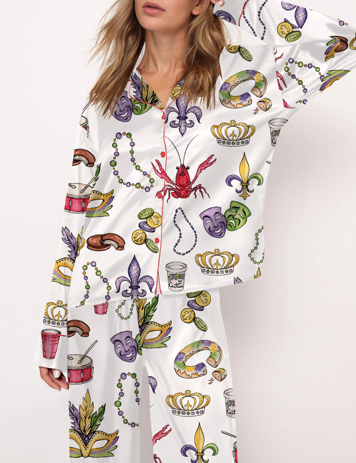 Mardi Gras Beads King Cake Crawfish Pajama Set