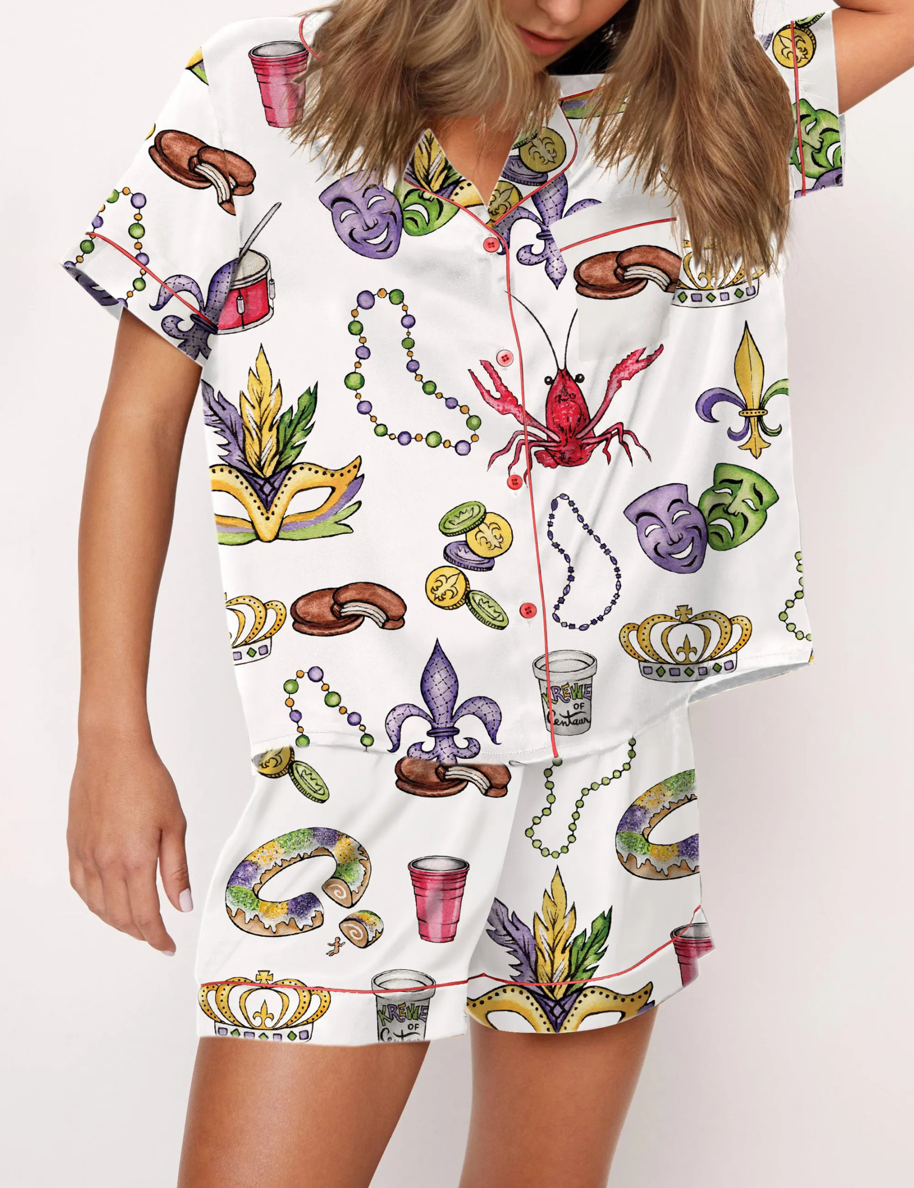 Mardi Gras Beads King Cake Crawfish Pajama Set