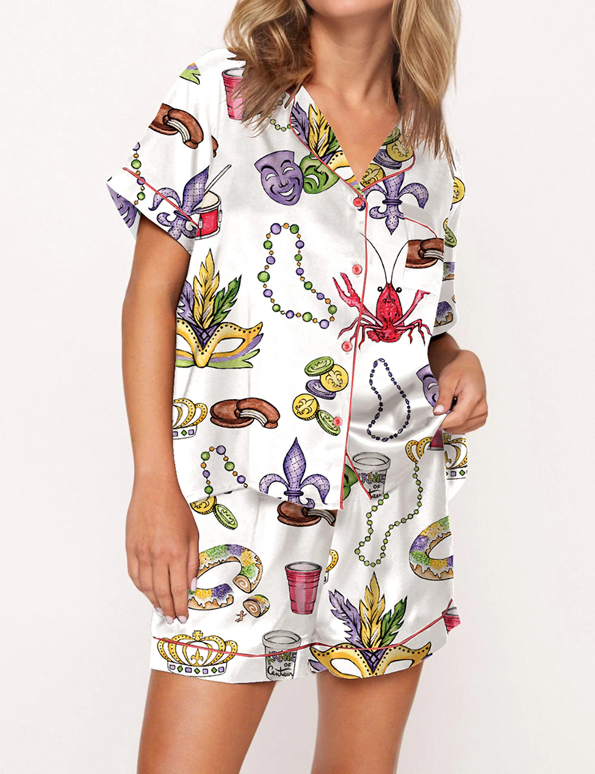 Mardi Gras Beads King Cake Crawfish Pajama Set