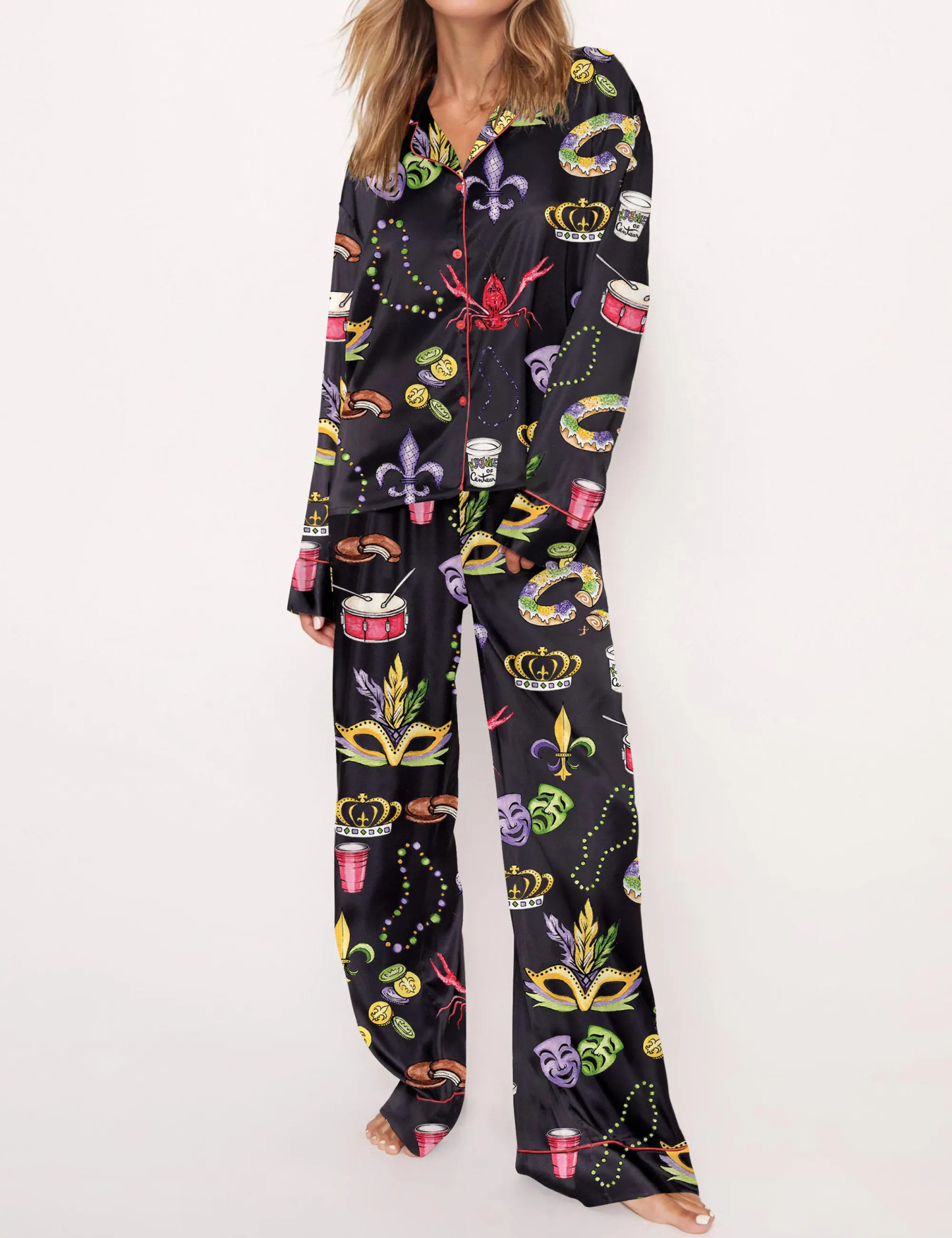 Mardi Gras Beads King Cake Crawfish Pajama Set