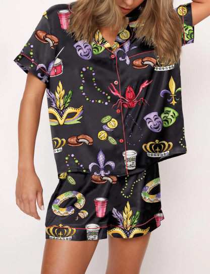 Mardi Gras Beads King Cake Crawfish Pajama Set