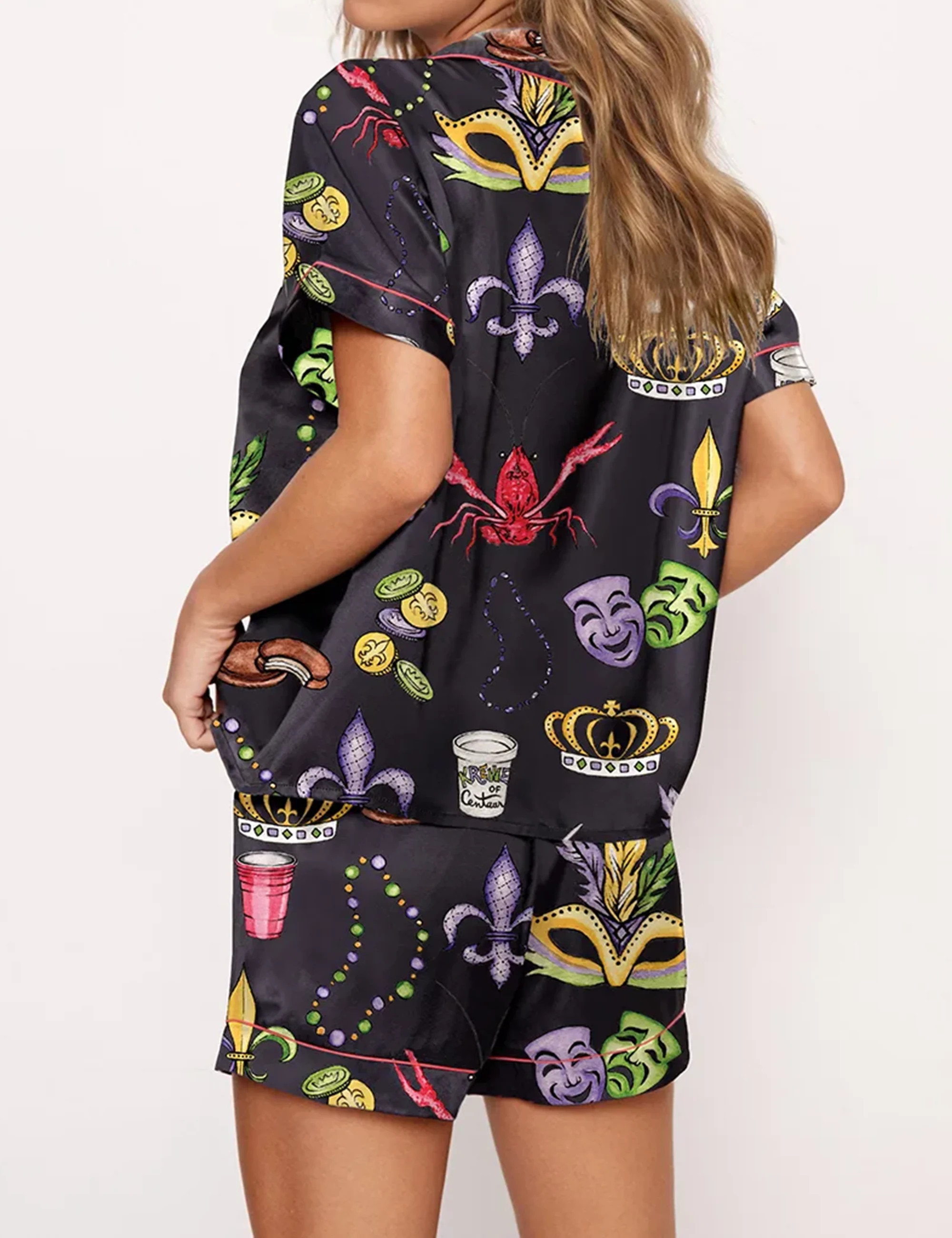 Mardi Gras Beads King Cake Crawfish Pajama Set