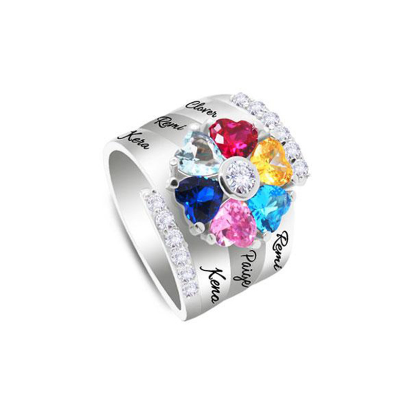 Personalized Heart Assortment 1-8 Birthstones Ring with Engraved Name and Text Mother's Day Birthday Gift for Woman