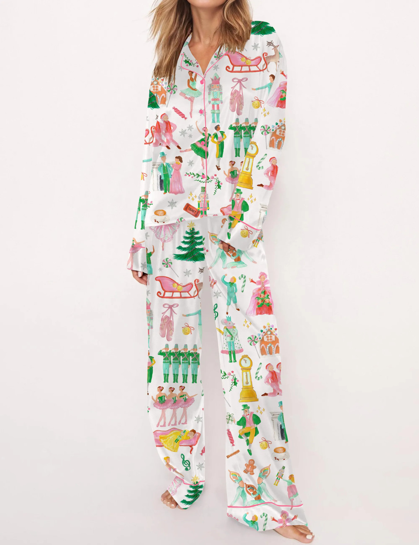 Lovely Nutcracker Christmas Silky Satin Pajama Set For Women