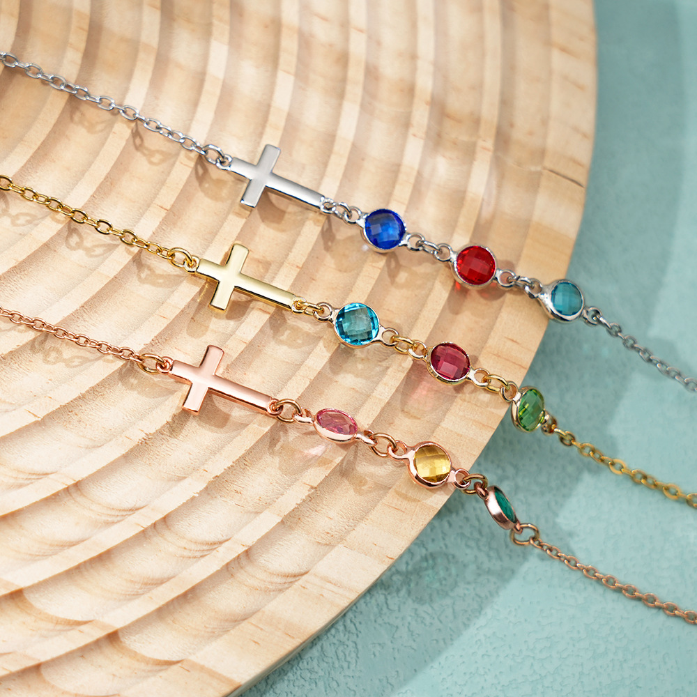 Personalized Multiple Birthstones Sideways Cross Necklace