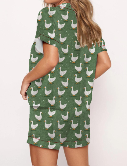 White Geese Print Satin Pajama Short Set