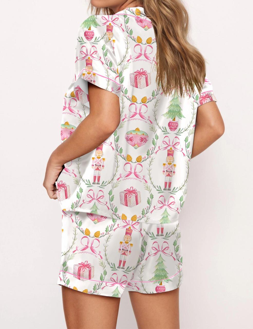 Christmas Wreath Nutcracker Satin Pajama Set For Women