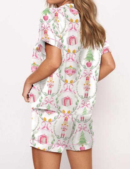 Christmas Wreath Nutcracker Satin Pajama Set For Women
