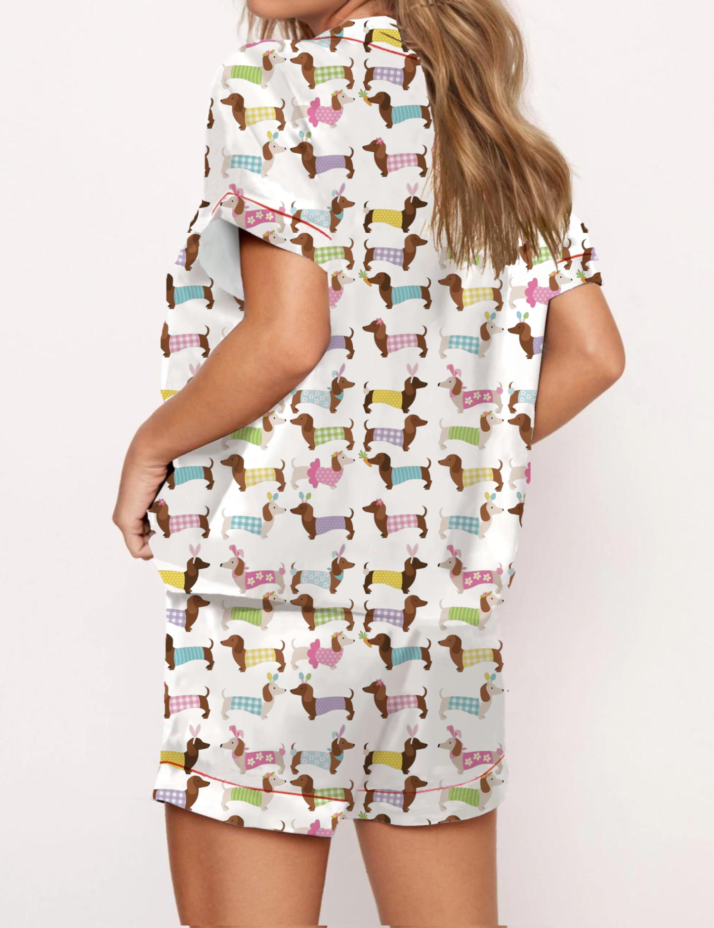 Playful Colorful Cartoon Dachshund Pattern Satin Pajama Short Set