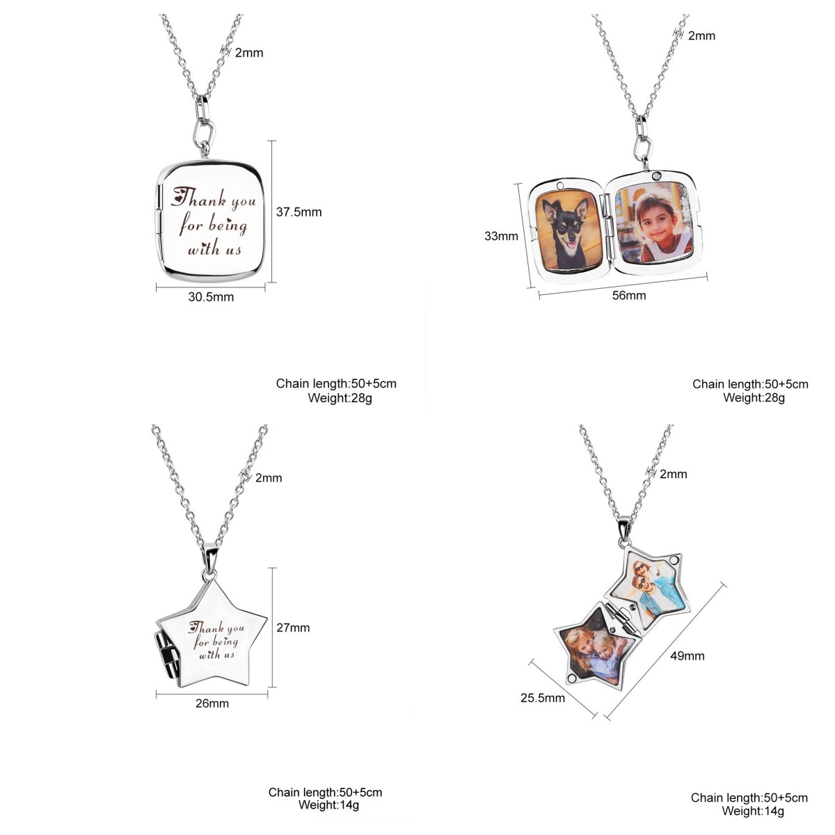 Personalized 2 Photos Square Five Stars Locket Necklace with Engraved Text Mother's Day Birthday Jewelry Gift for Women