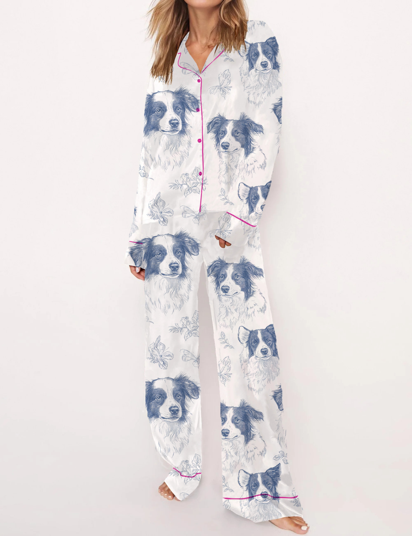 Border Collie Silky Satin Pajama Short Set For Women