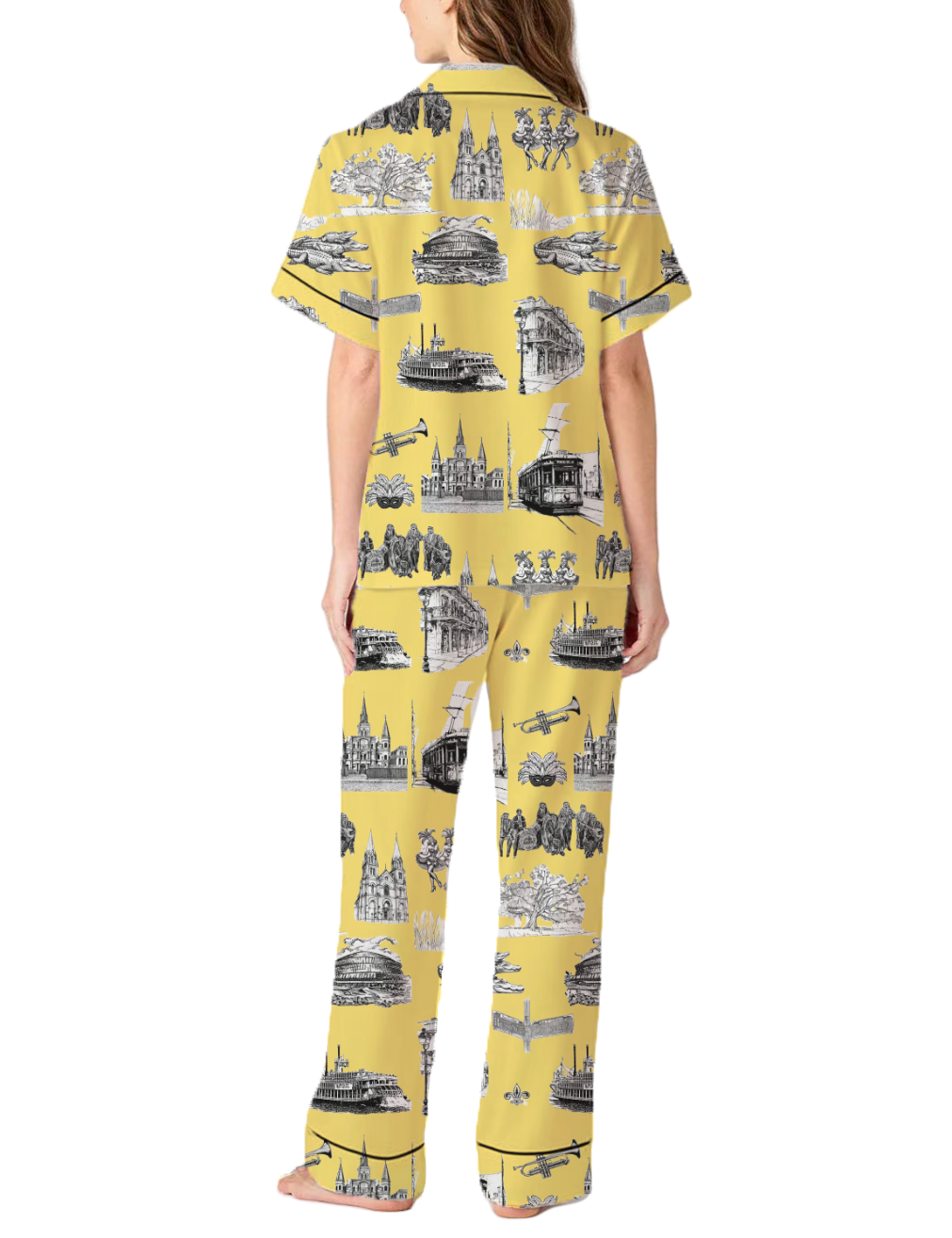 New Orleans Toile Silky Satin Pajama Pants Set For Women