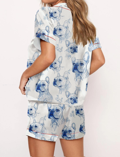 French Bulldogs Silky Satin Pajama Short Set For Women