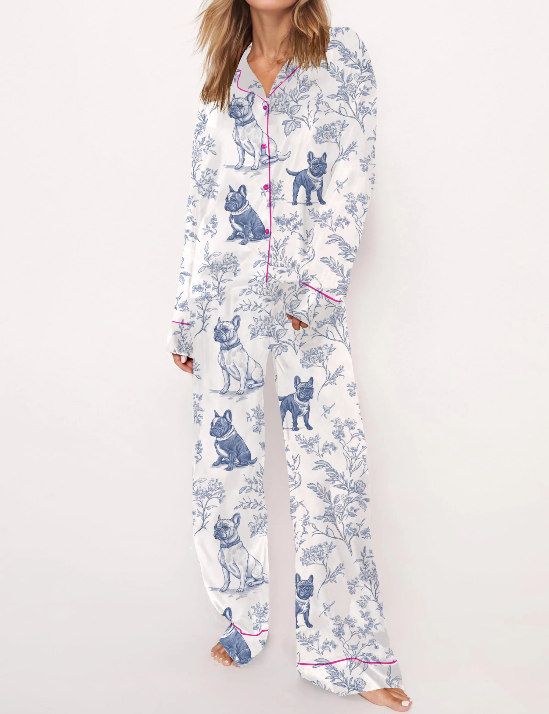 French Bulldogs Silky Satin Pajama Short Set For Women
