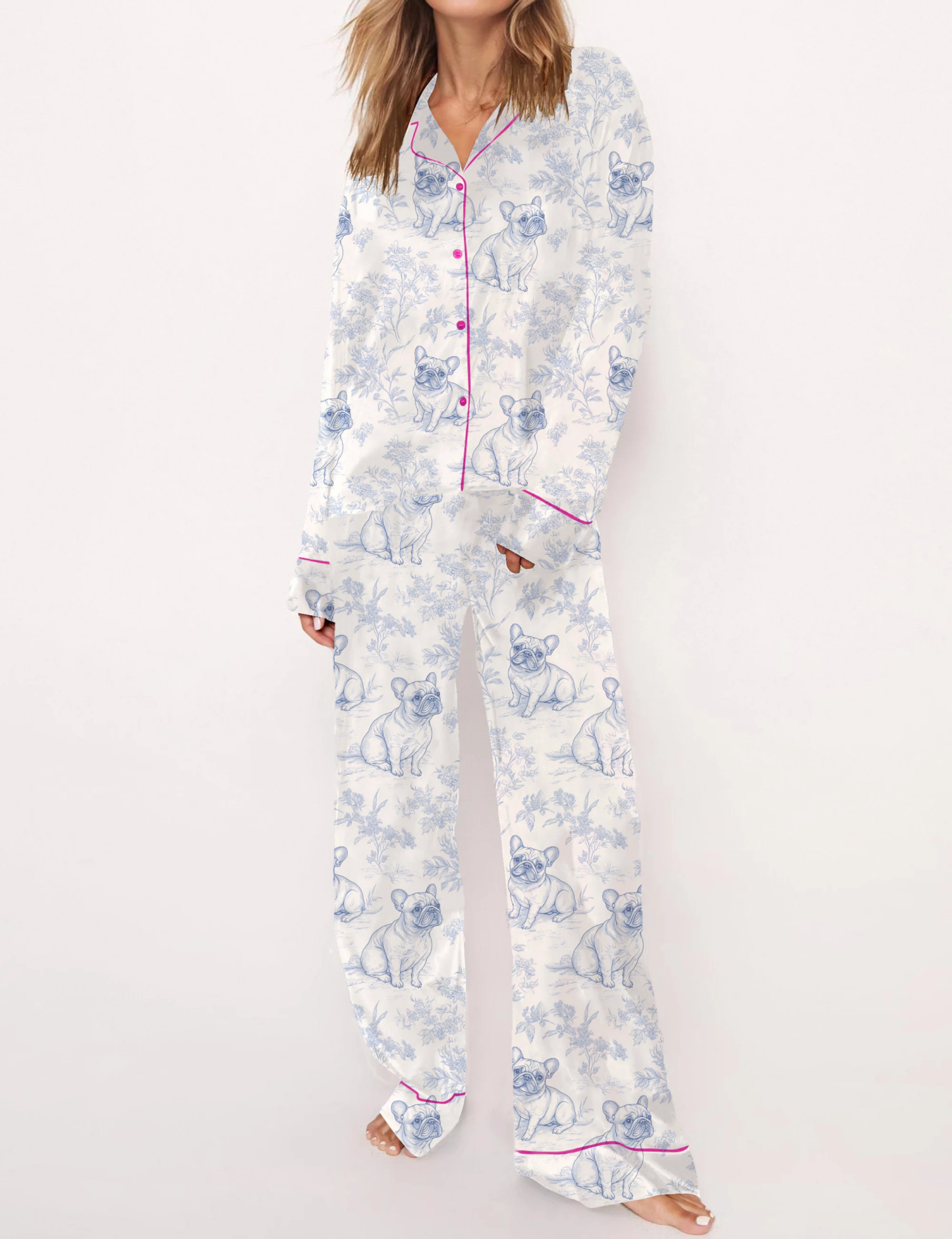 French Bulldogs Silky Satin Pajama Short Set For Women