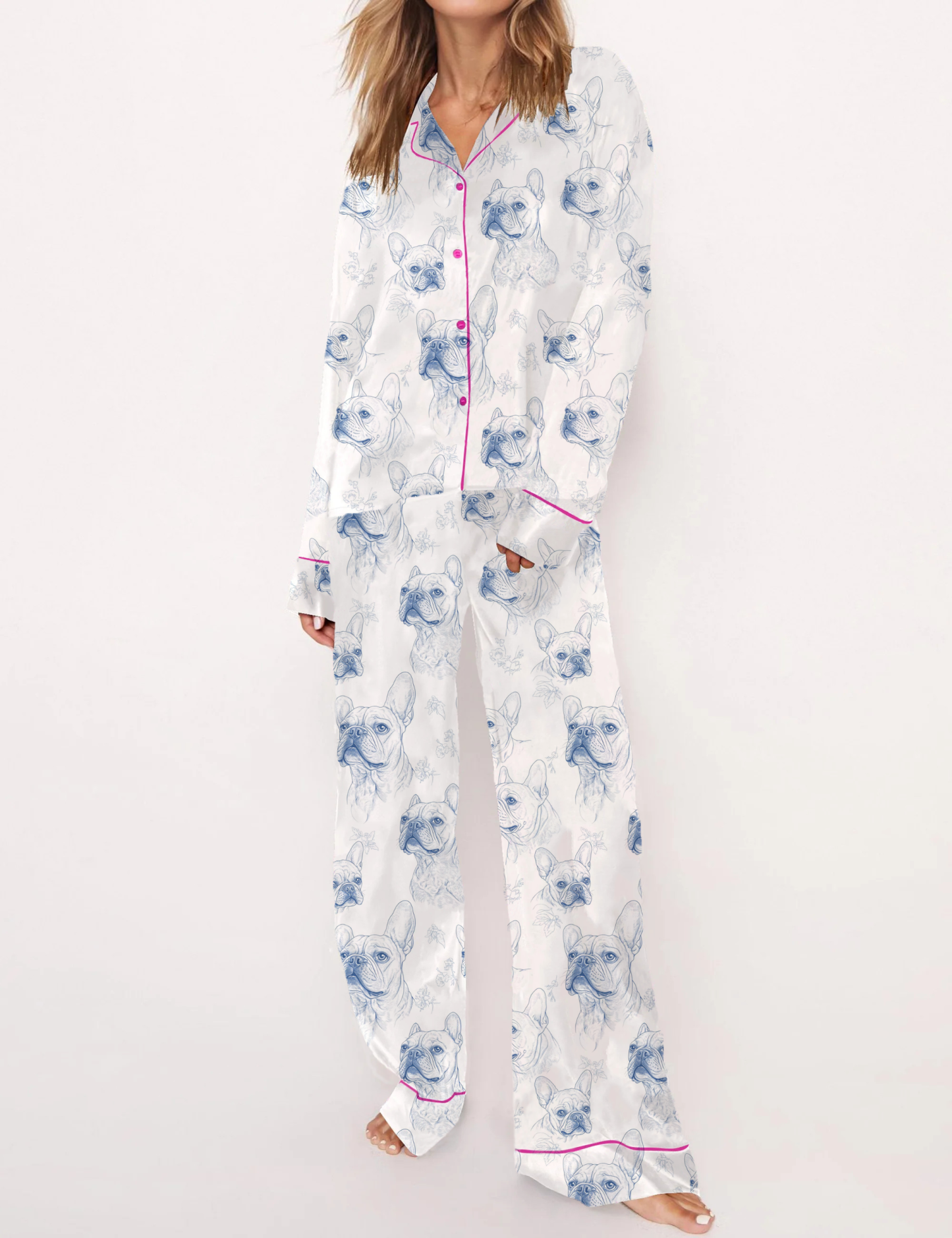 French Bulldogs Silky Satin Pajama Short Set For Women