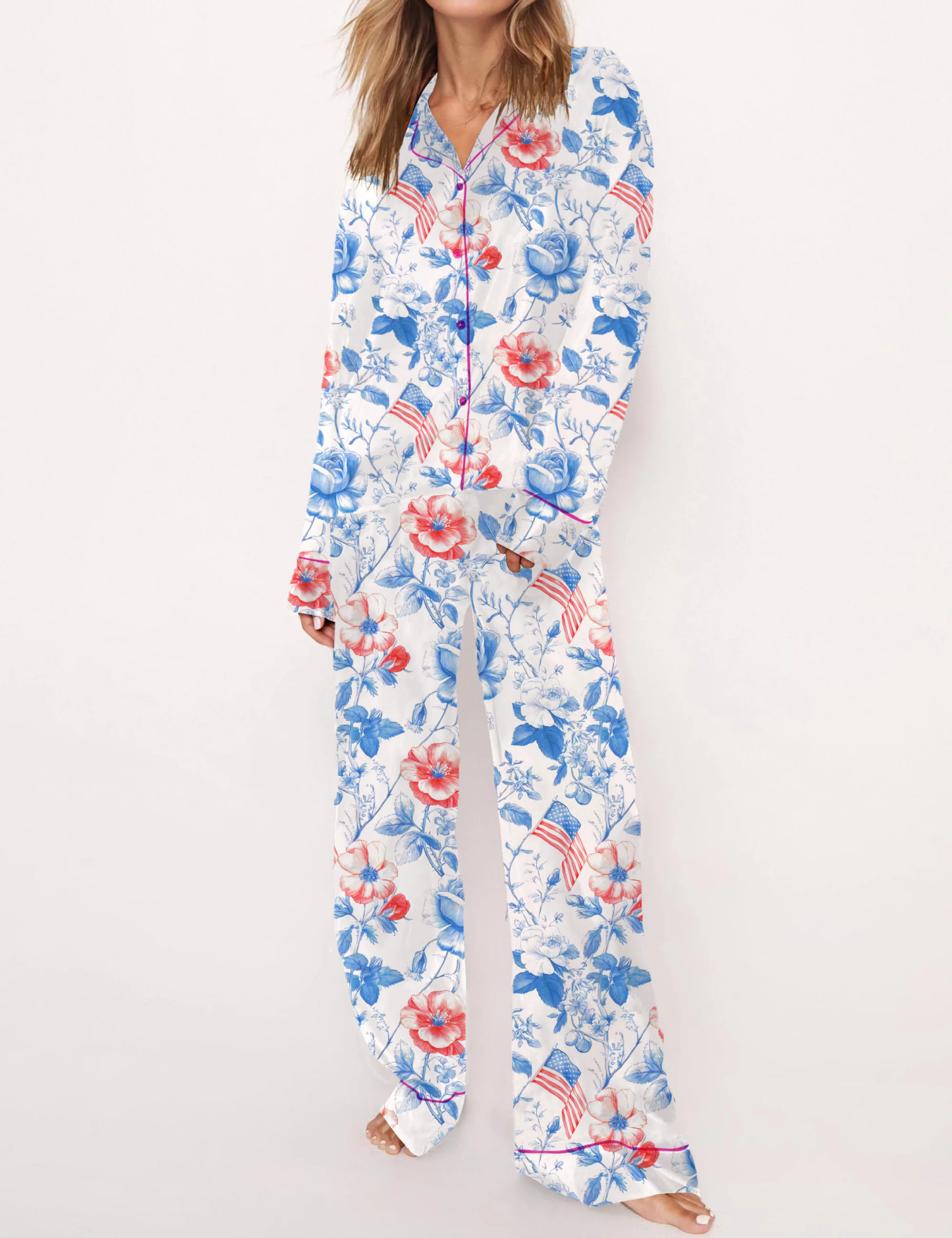 Colonial Americana Toile Silky Satin Pajama Short Set For Women