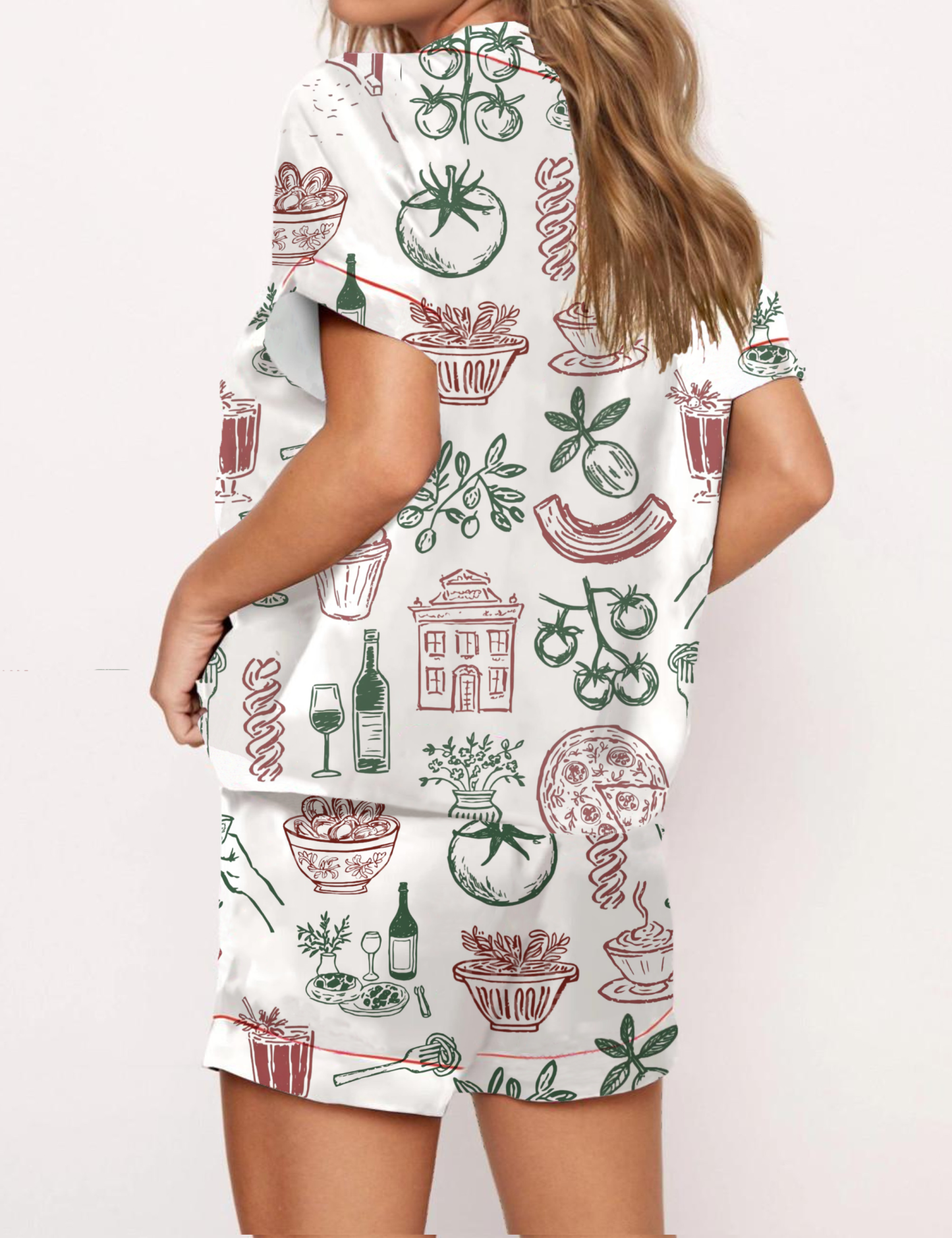 Italy Cuisine Silky Satin Pajama Short Set For Women