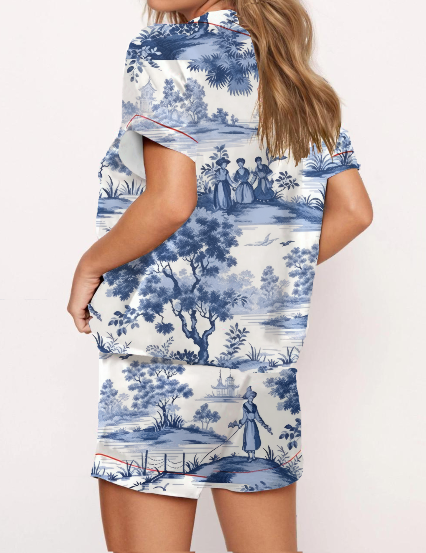 French Toile Silky Satin Pajama Short Set For Women