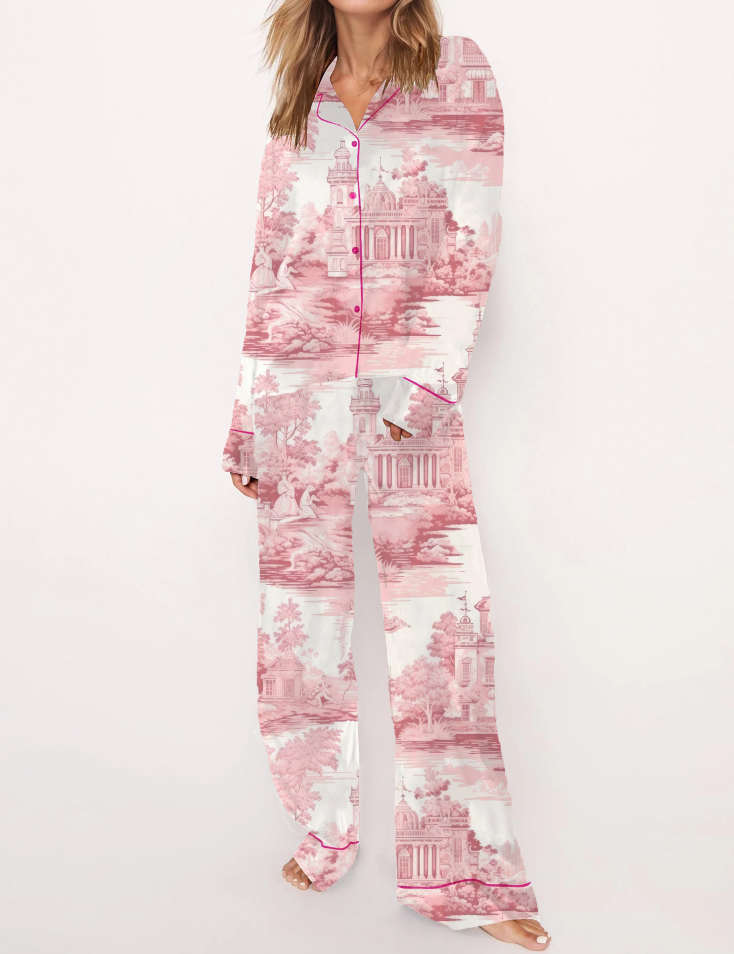 French Toile Silky Satin Pajama Short Set For Women