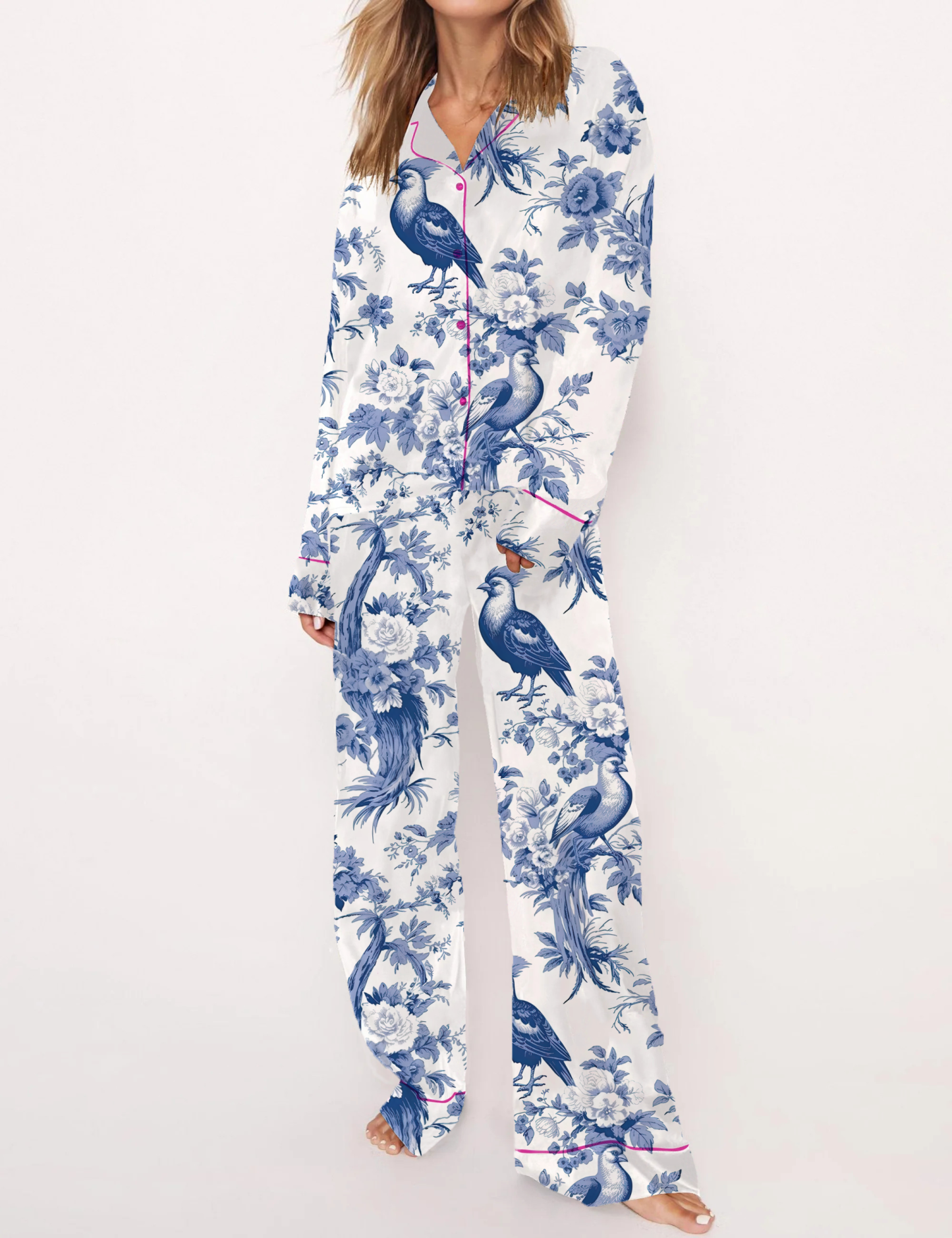 Bird Flower Toile Silky Satin Pajama Short Set For Women