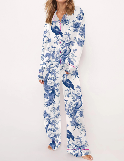 Bird Flower Toile Silky Satin Pajama Short Set For Women
