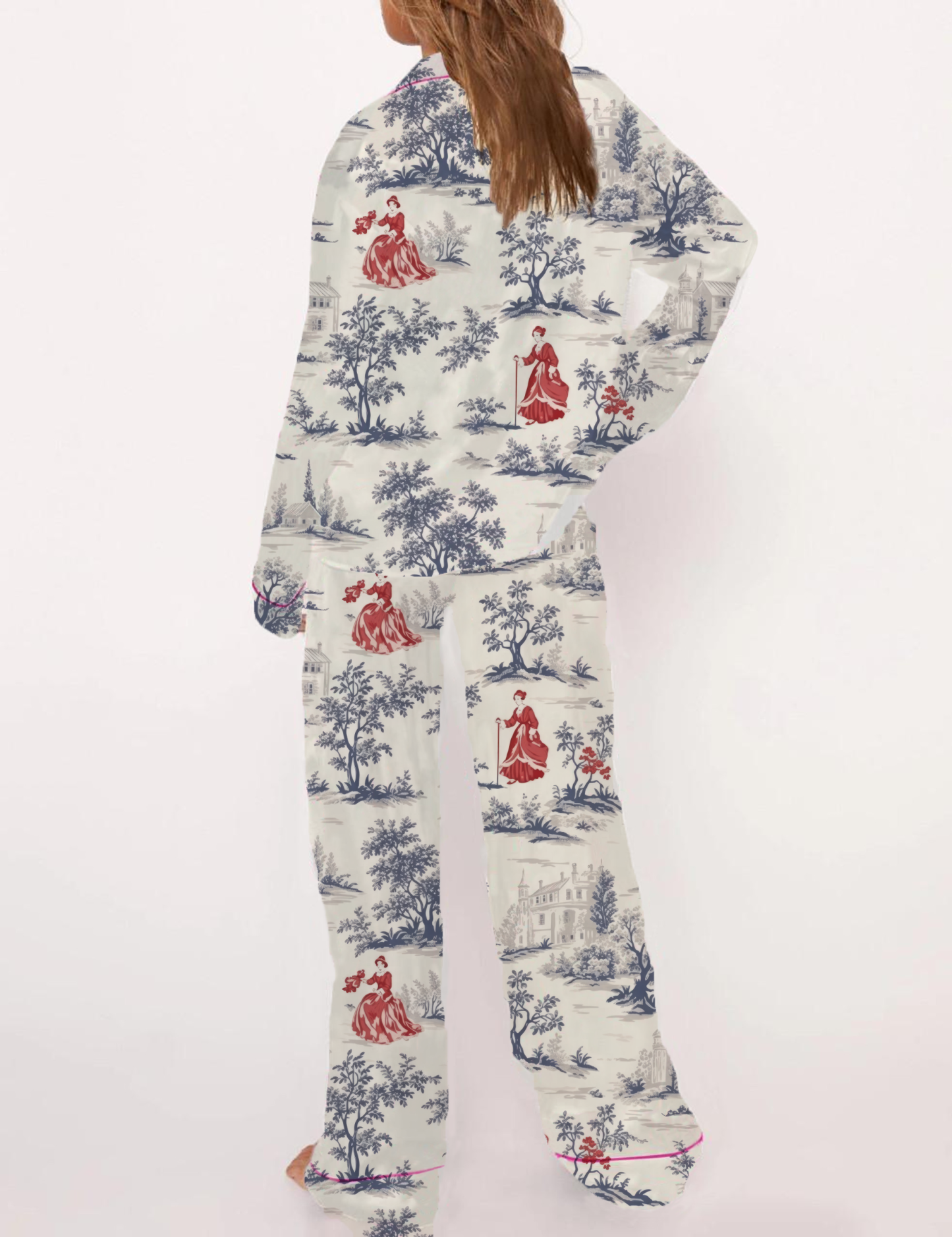 Classical Style Toile Silky Satin Pajama Short Set For Women