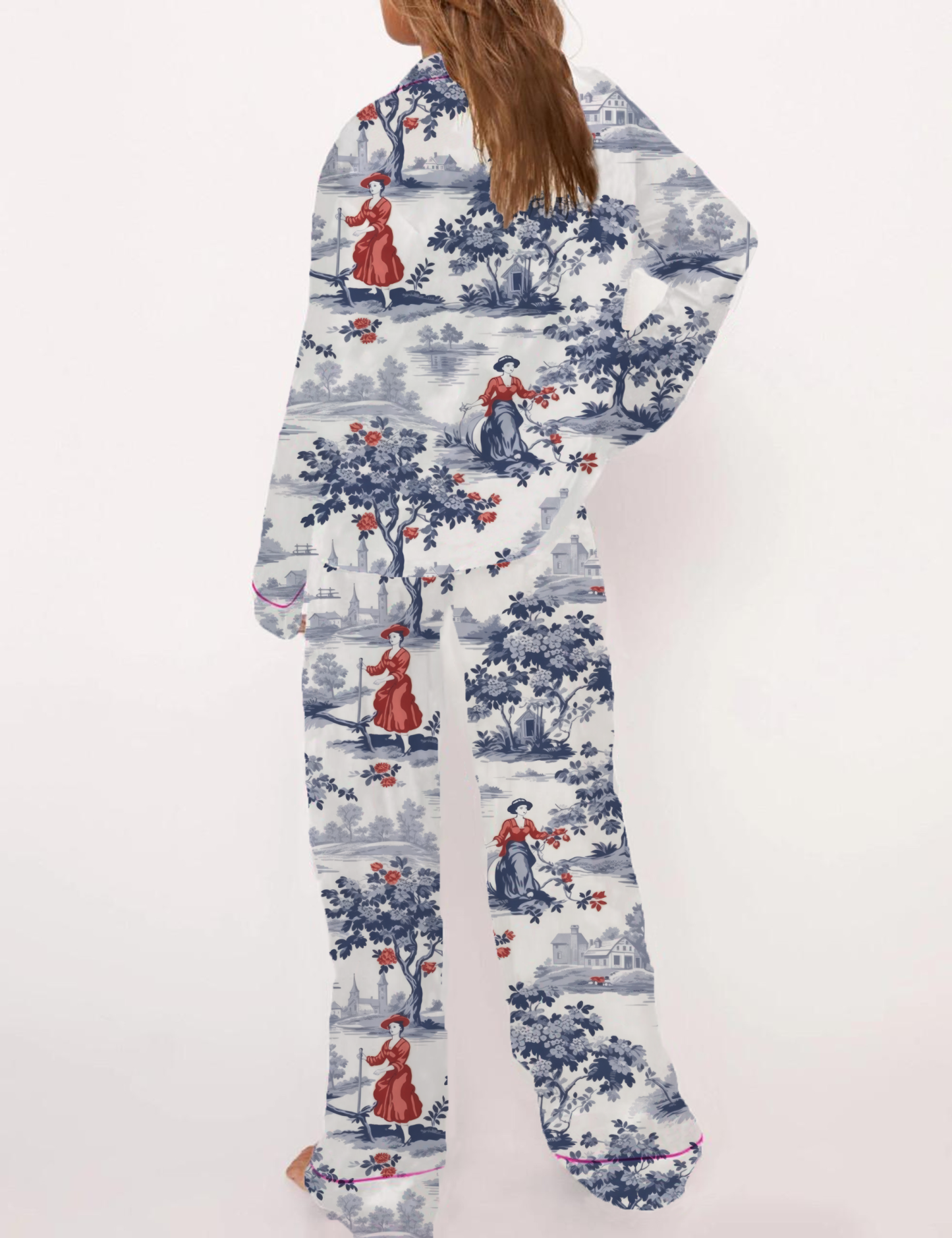 French Pastoral Retro Style Toile Silky Satin Pajama Short Set For Women