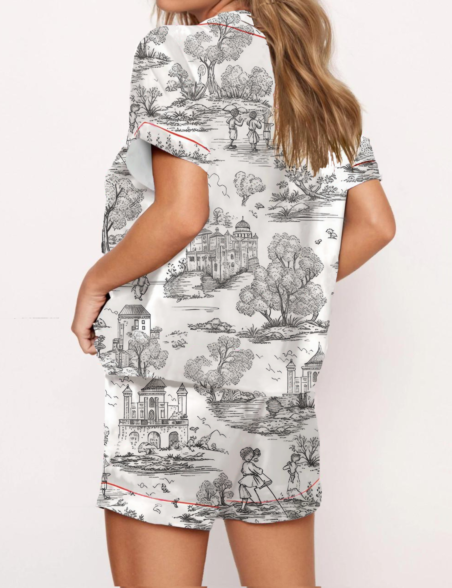 French Pastoral Retro Style Toile Silky Satin Pajama Short Set For Women