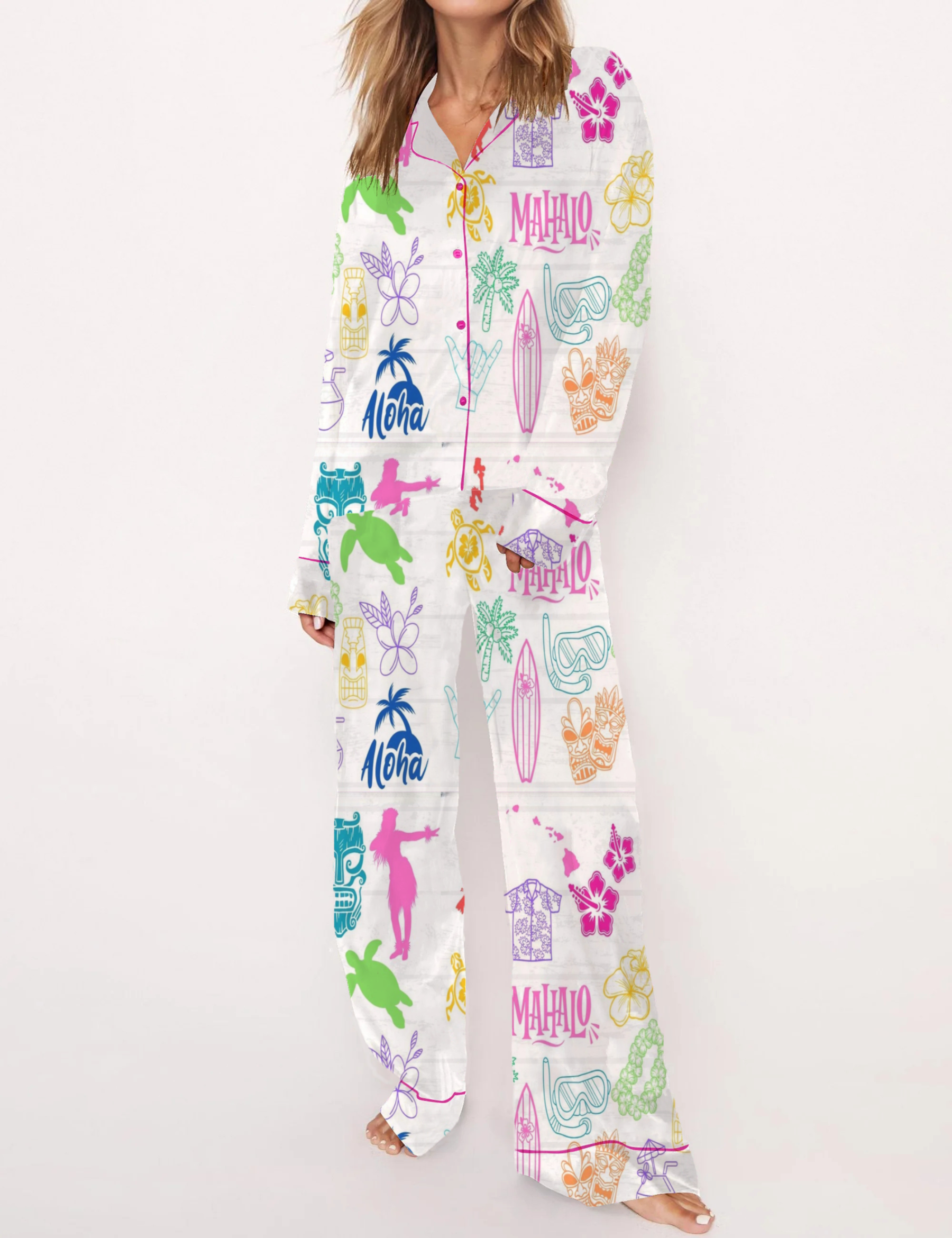 Hawaiian Silky Satin Pajama Short Set For Women