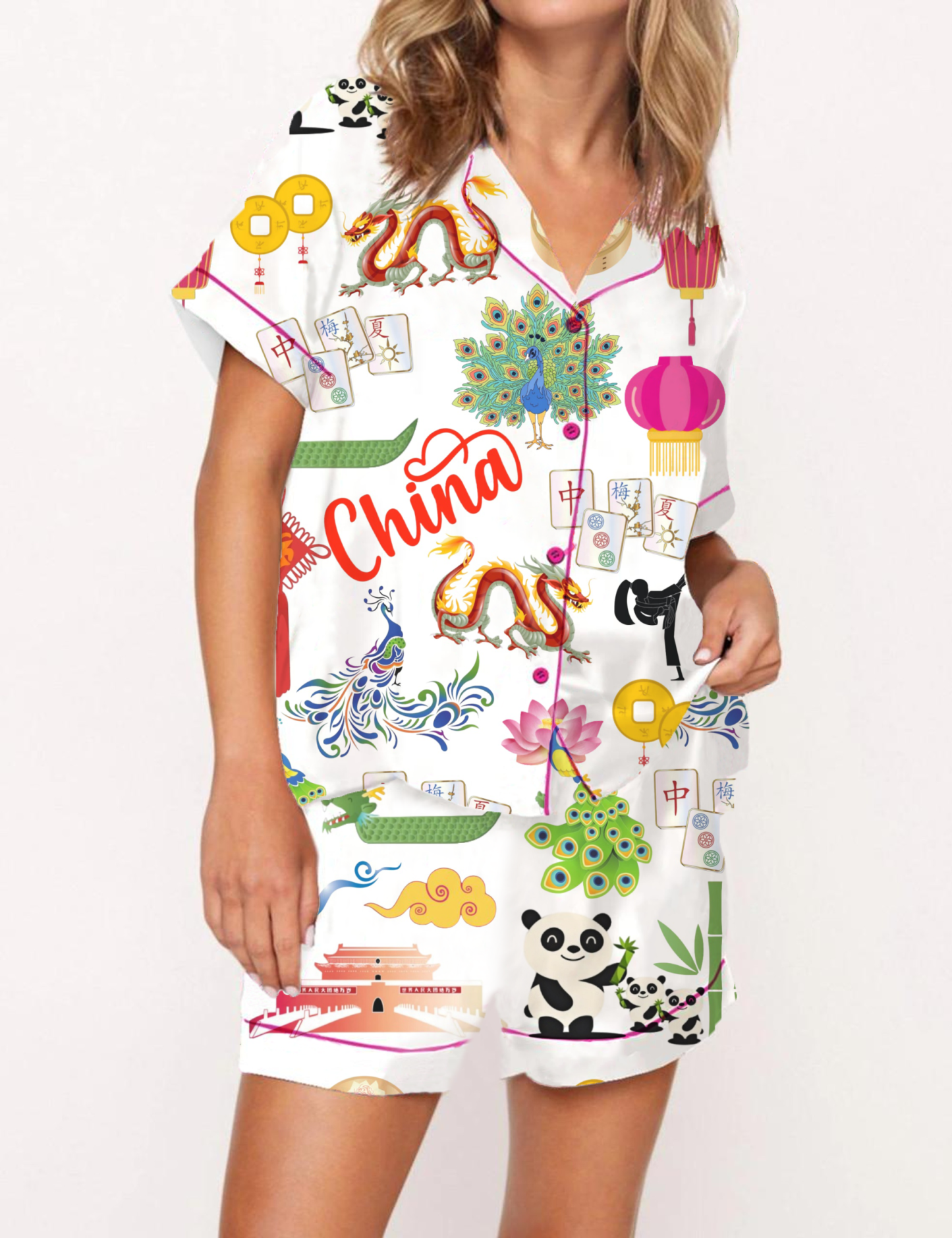China Style Silky Satin Pajama Short Set For Women