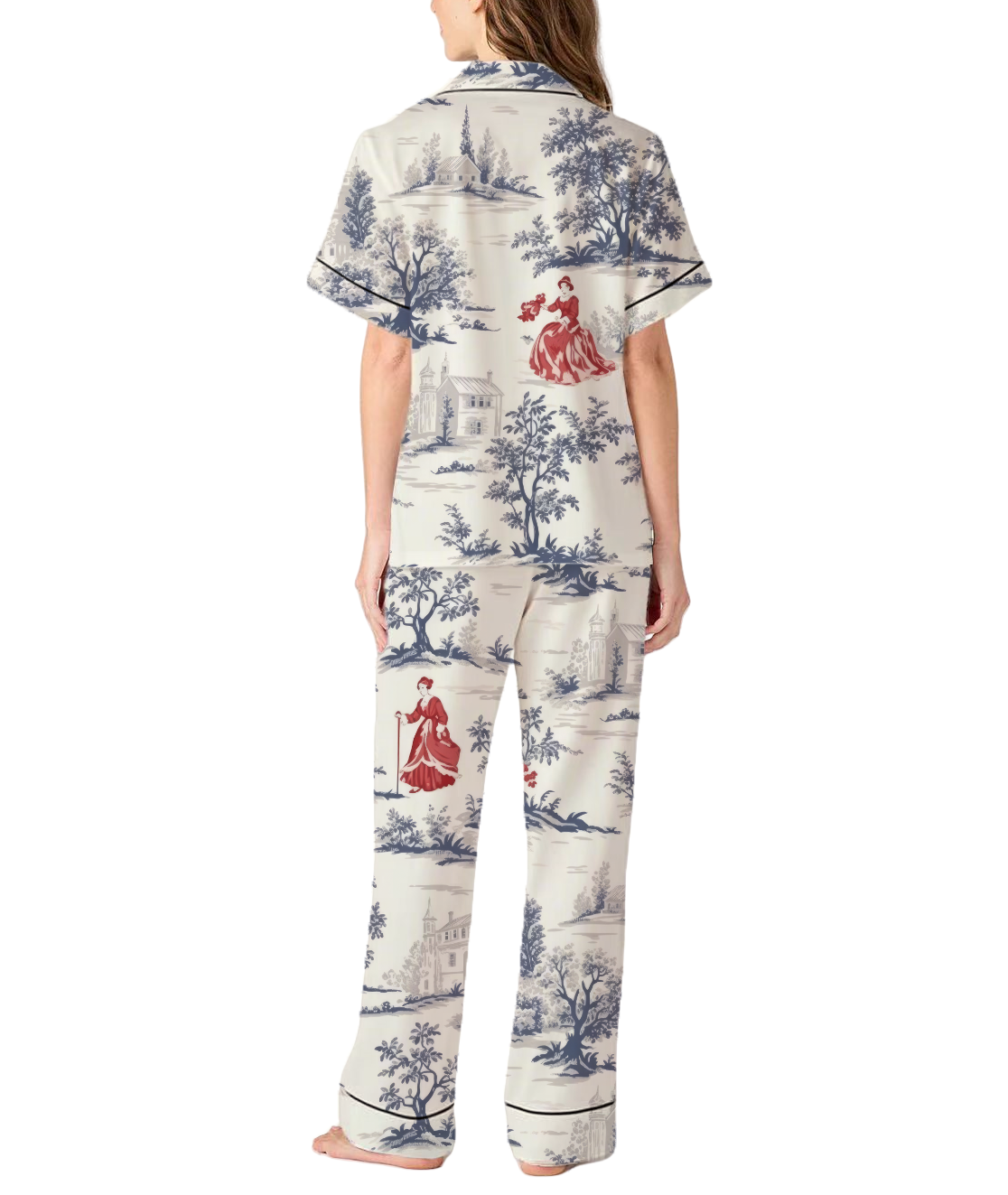 French Pastoral Retro Style Toile Silky Satin Pajama Set For Women