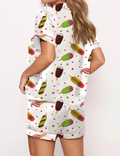 Colorful Ice - Cream Patterns Satin Pajama Short Set