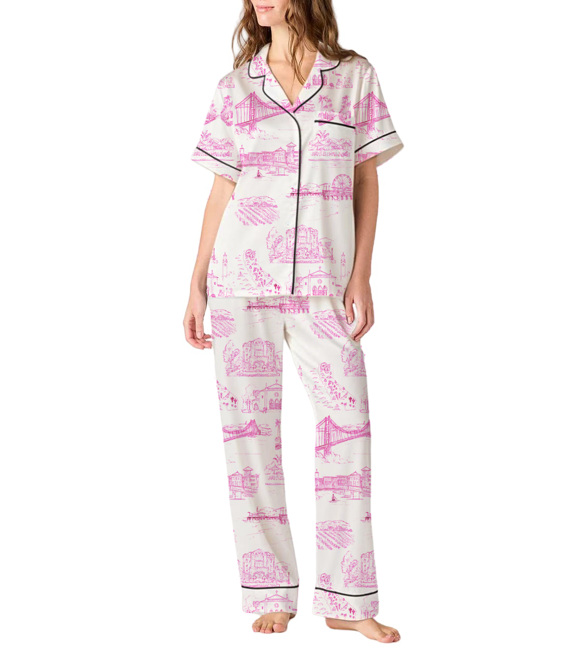 California Toile Silky Satin Pajama Pants Set For Women