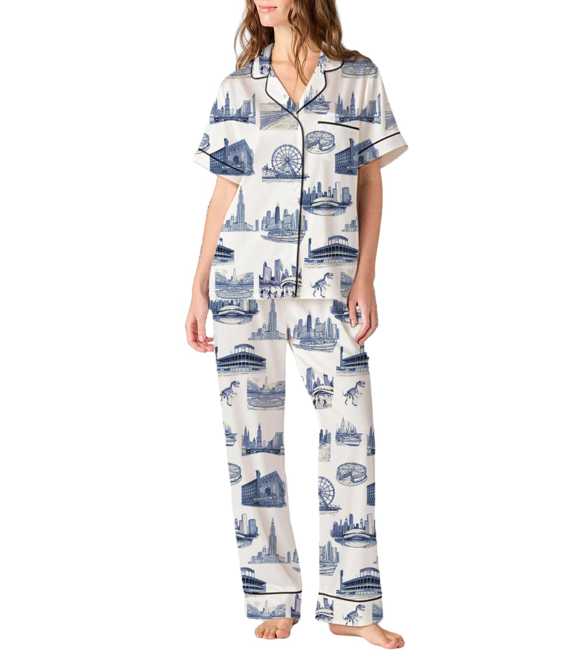Chicago Toile Silky Satin Pajama Pants Set For Women