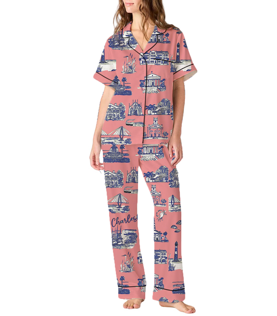 Charleston Toile Silky Satin Pajama Pants Set For Women