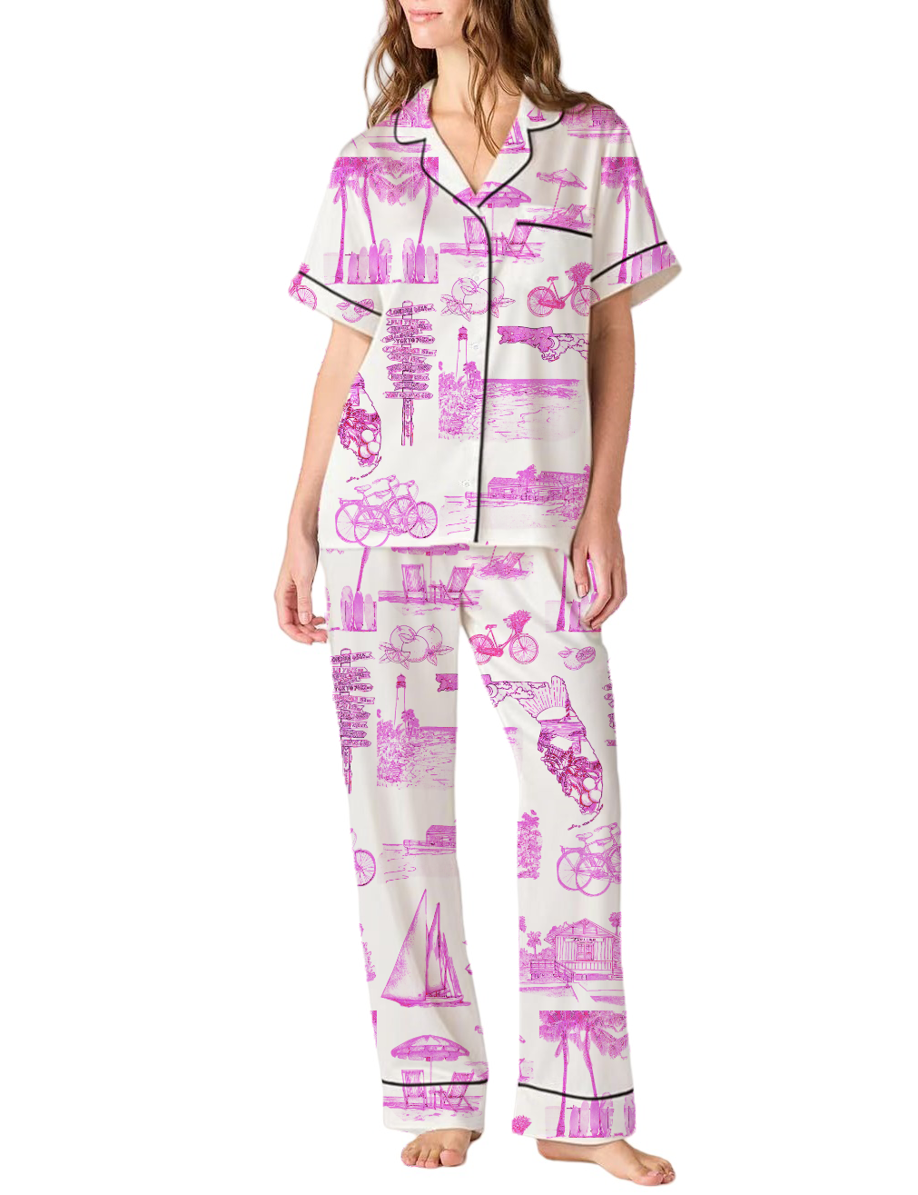 Florida Toile Silky Satin Pajama Pants Set For Women
