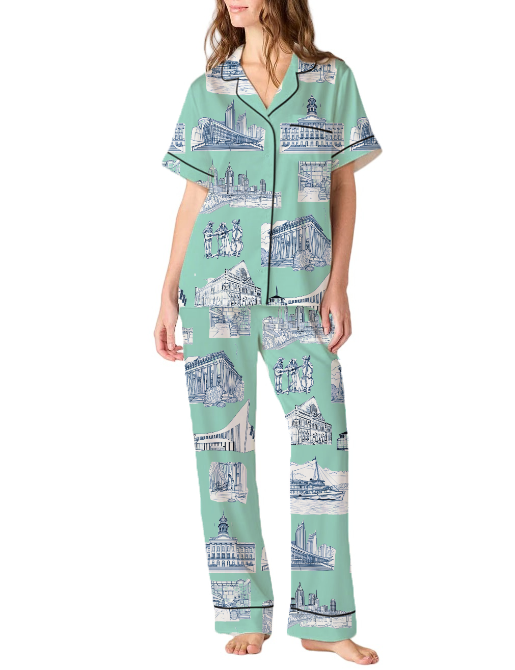 Nashville Toile Silky Satin Pajama Pants Set For Women