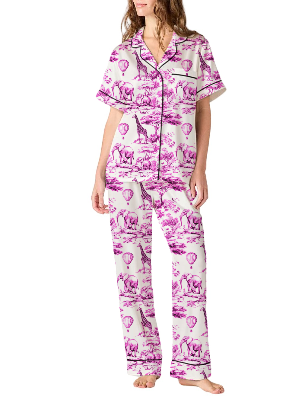Animal Toile Silky Satin Pajama Pants Set For Women