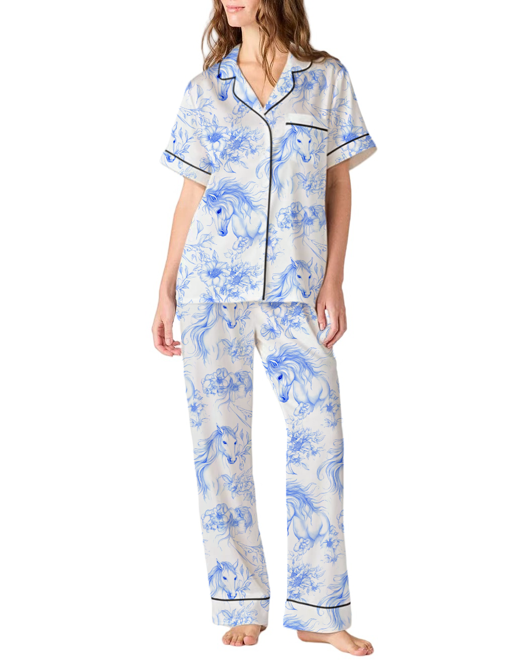Horse Toile Silky Satin Pajama Pants Set For Women