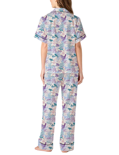 Hawaiian Style Pattern Silky Satin Pajama Pants Set For Women