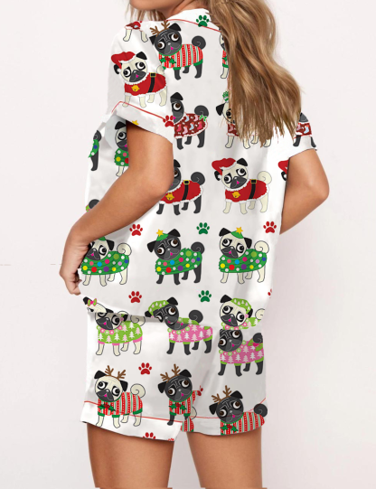 Christmas Ugly Sweater Pug Silky Satin Pajama Short Set For Women