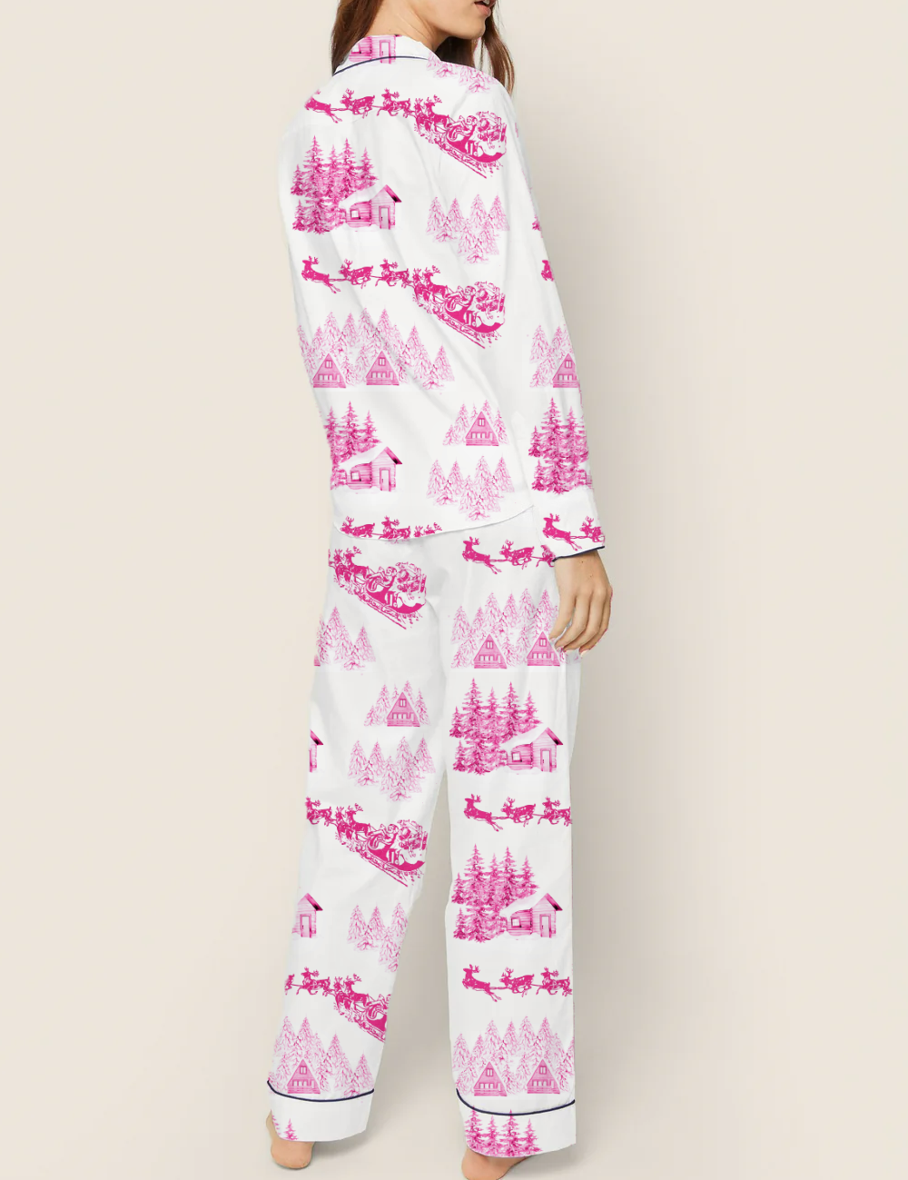 Christmas Theme Toile Silky Satin Pajama Set For Women