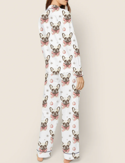 Bow French Bulldogs Silky Satin Pajama Set For Women