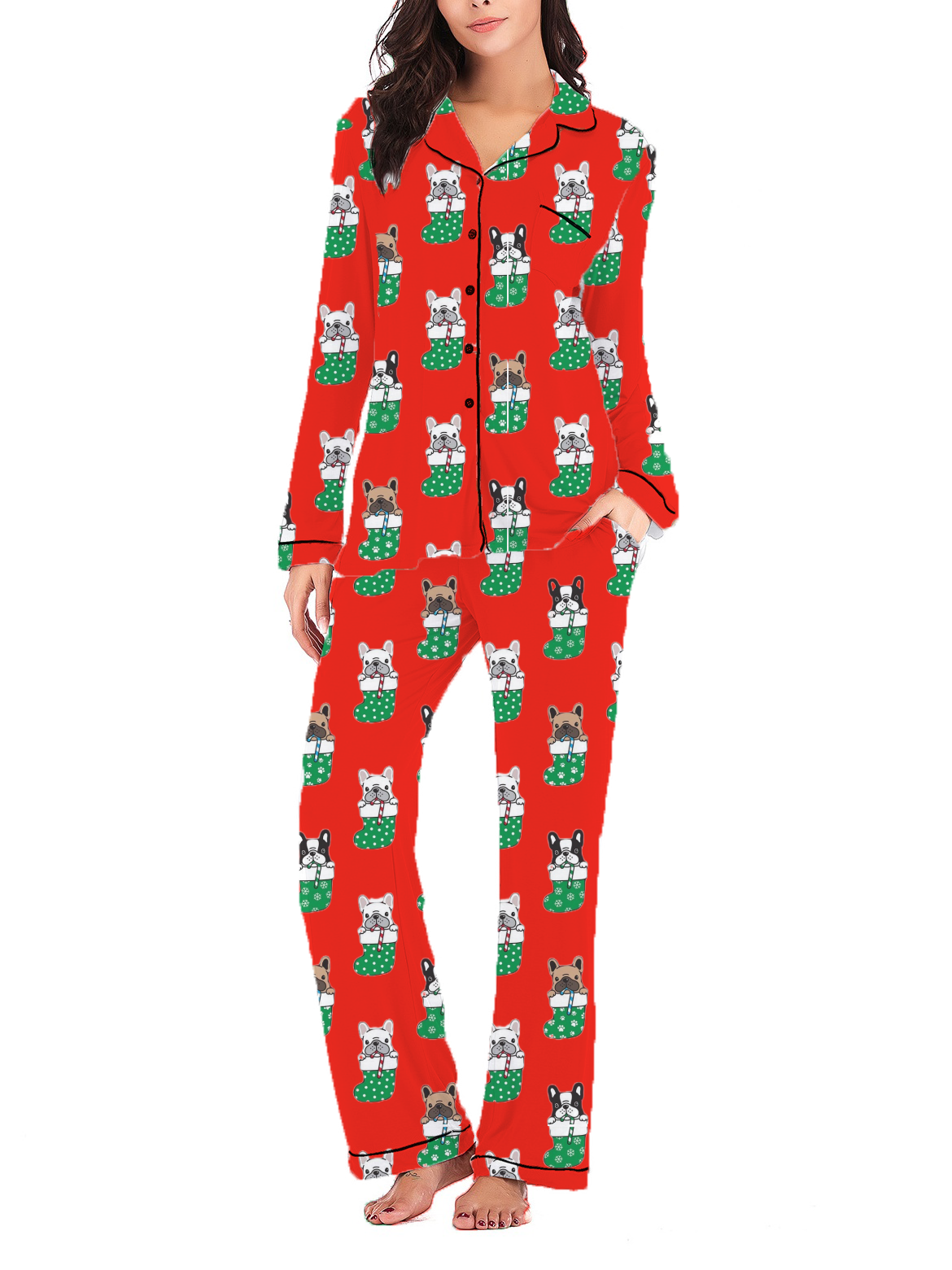 Stocking French Bulldog Silky Satin Pajama Set For Women